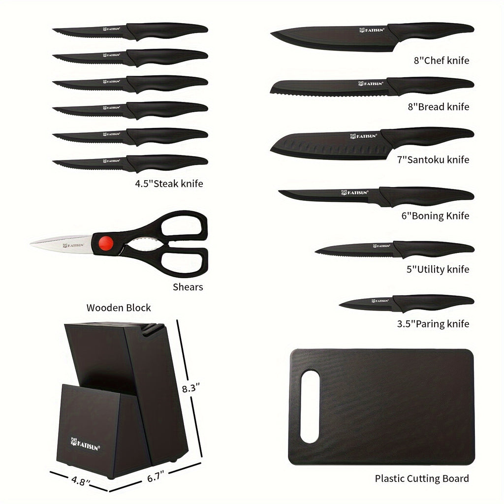 15pcs Professional Black Coding Kitchen Knife Set With Black Wooden Block, Non-slip ABS Handle For Chef Knives, Plastic Cutting Board, And Kitchen Shears For Family And Restaurant