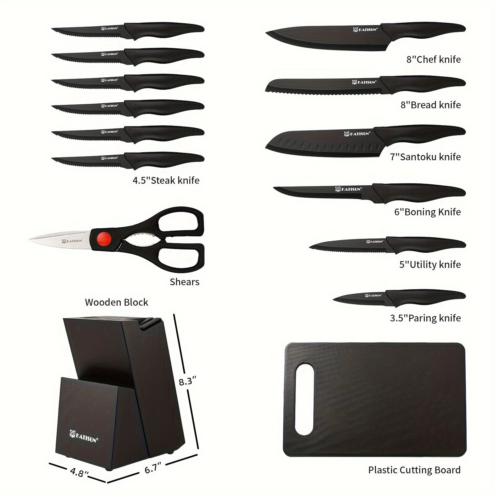 15pcs Professional Black Coding Kitchen Knife Set With Black Wooden Block, Non-slip ABS Handle For Chef Knives, Plastic Cutting Board, And Kitchen Shears For Family And Restaurant