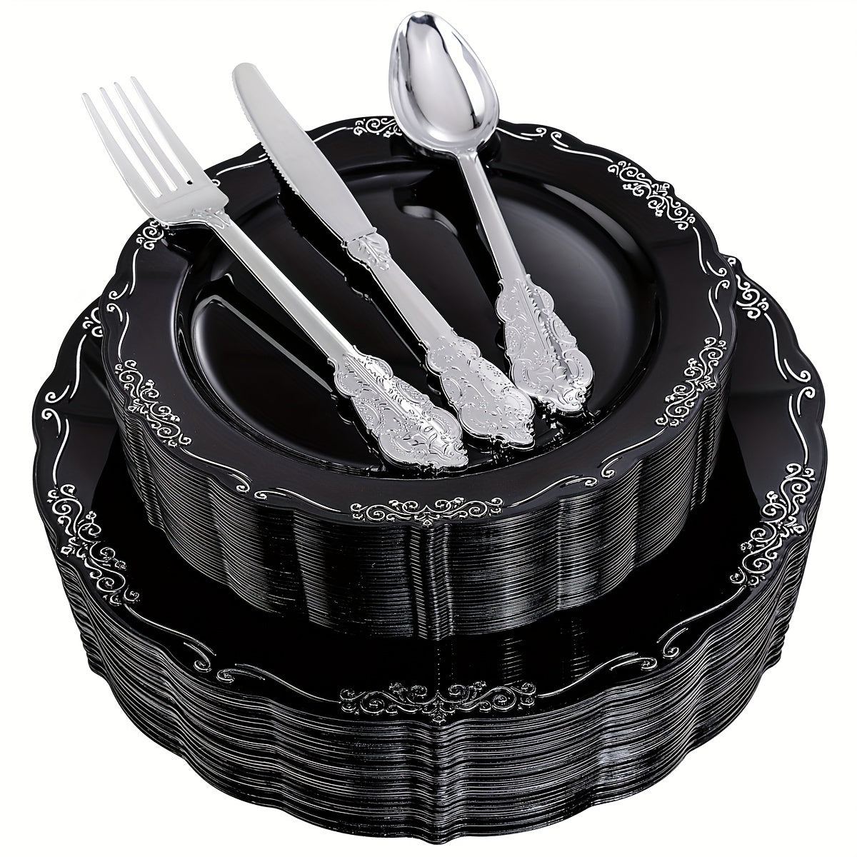 150 Pcs Black Silver Plastic Plates & Silver Plastic Silverware, Black Silver Disposable Plates for Party Include: 30 Dinner Plates 10.25 inch, 30 Dessert Plates 7.5 inch, 30 Knives, 30 Forks, 30 Spoons for Party