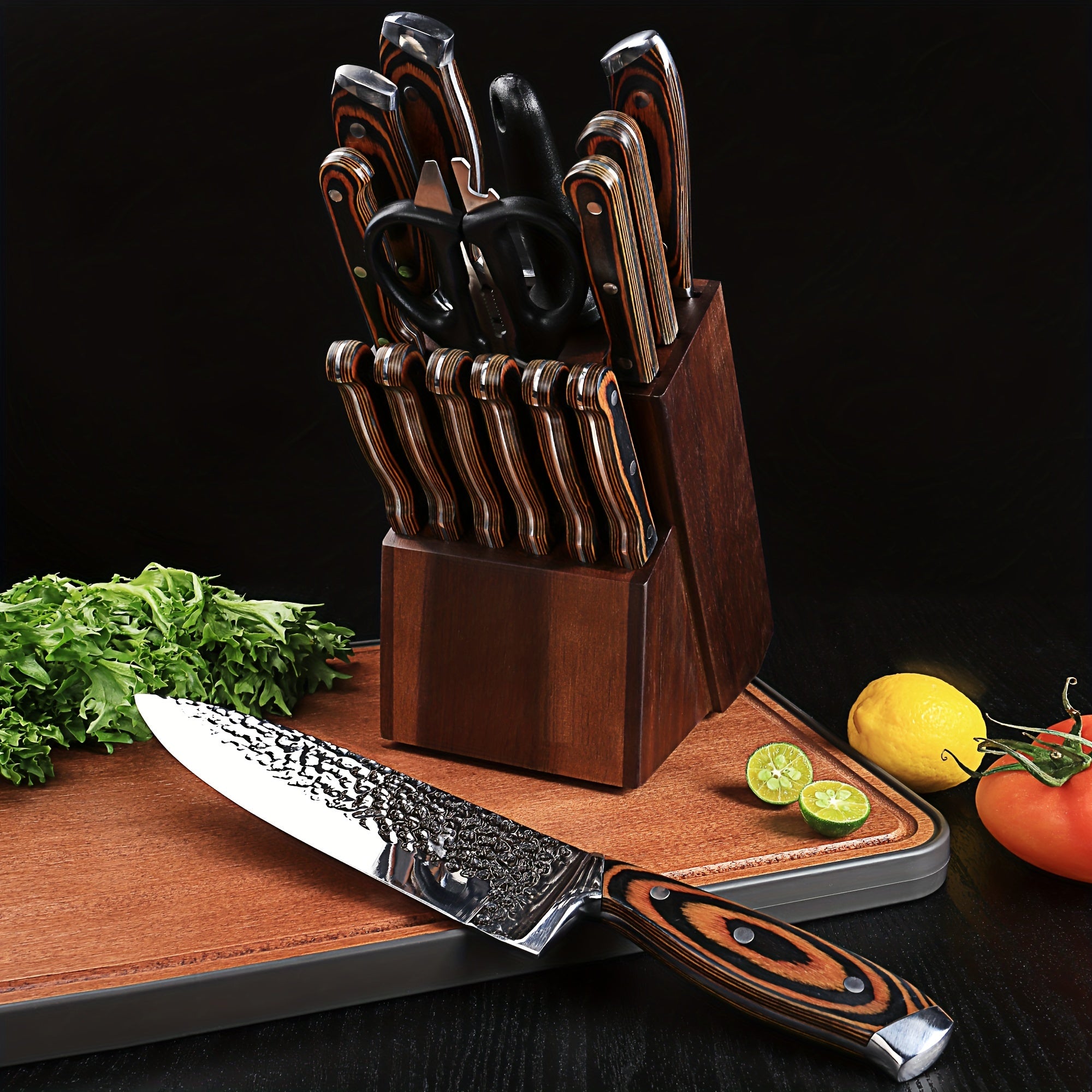 15pcs Professional Kitchen Knife Set, Kitchen Accessories, Super Sharp Knife Set With Wooden Block, Chef Knife Set With Sharpener, High Carbon Stainless Steel Hammered Knife Block Set With Steak Knives, Selection For Easter G