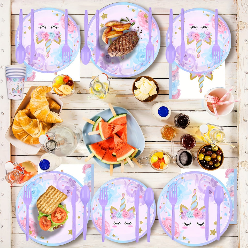 168-Piece Unicorn Party Essentials Kit - Vibrant Round Disposable Tableware Set with Plates, Cups, Napkins, Knives, Forks, and Spoons for Magical Birthday, Tea Parties, and Celebrations - Perfect for All Occasions