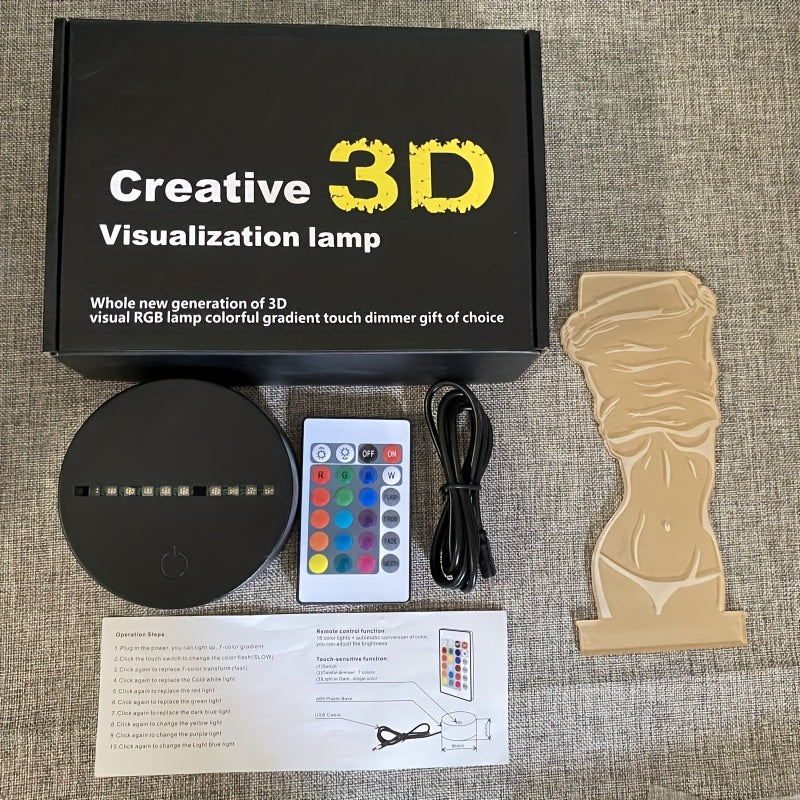 1pc 16-Color Artistic Decor Night Light, 3D Illusion USB Bedside Lamp with Touch Button, Black Base, Plastic Material, Remote Control for Bedroom Decor
