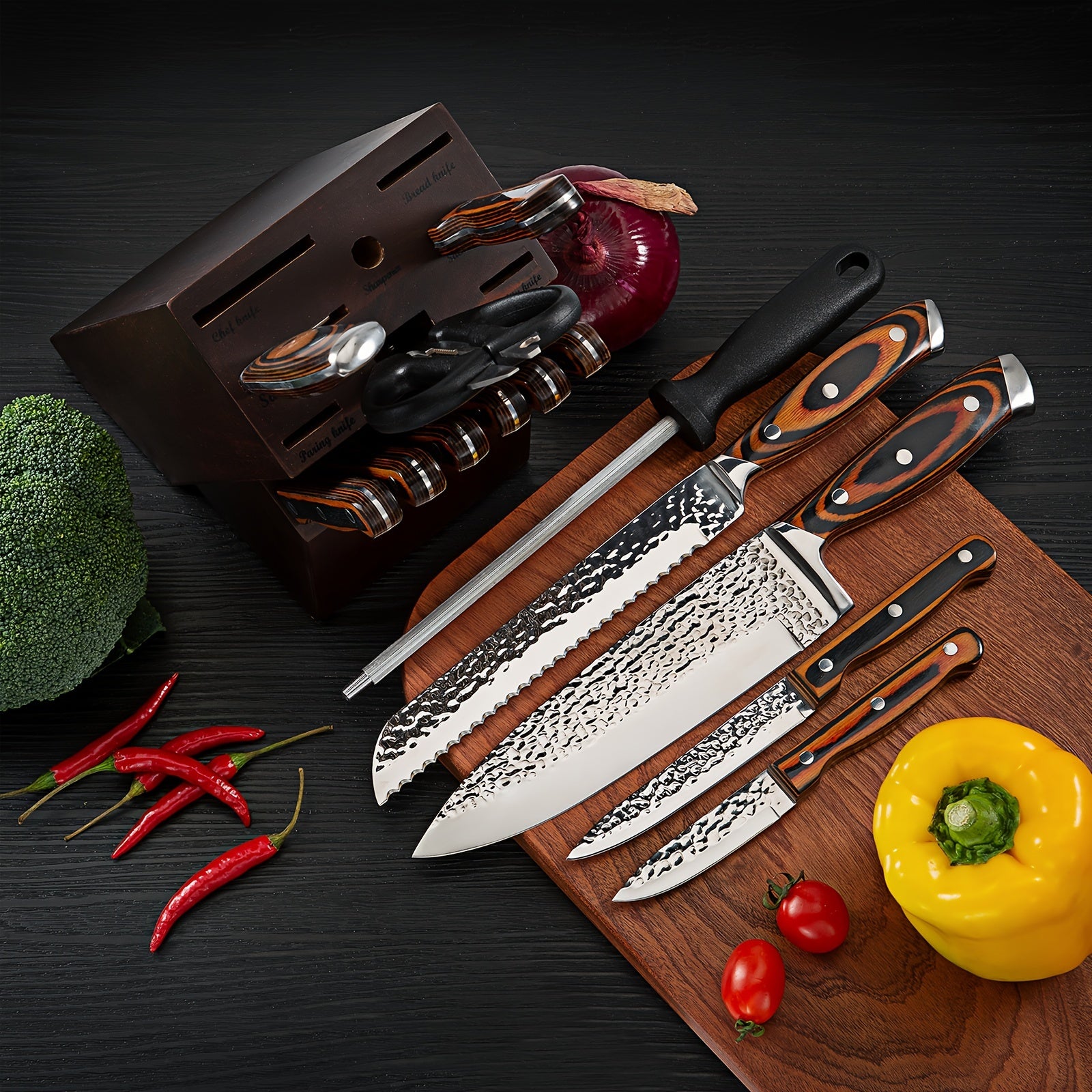 15pcs Professional Kitchen Knife Set, Kitchen Accessories, Super Sharp Knife Set With Wooden Block, Chef Knife Set With Sharpener, High Carbon Stainless Steel Hammered Knife Block Set With Steak Knives, Selection For Easter G