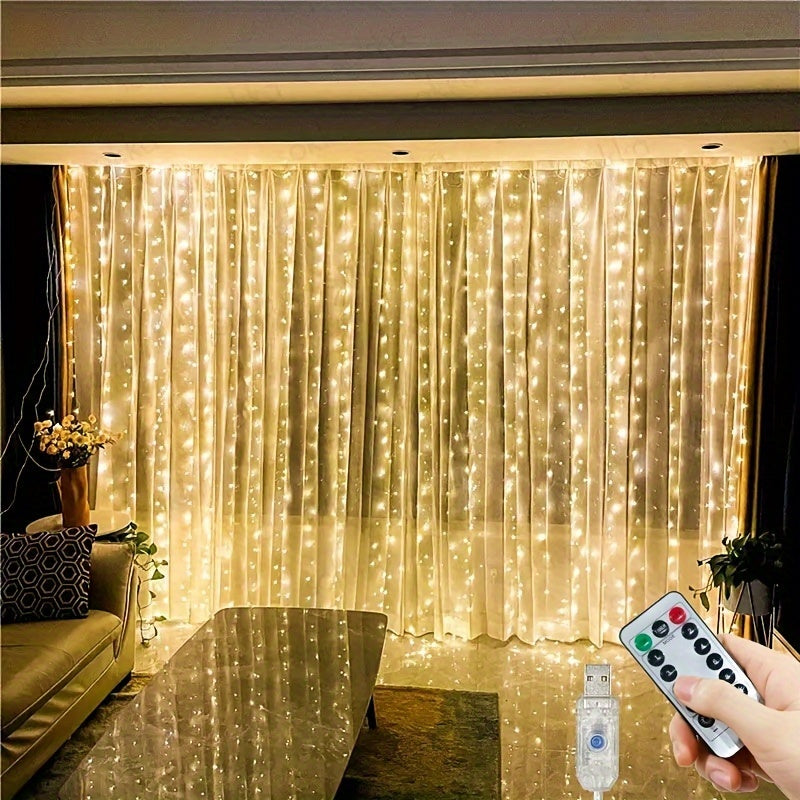 1 Pack, 600-LED Curtain String Lights, USB Powered, 236.22*118.11inch, Remote Control, Christmas Fairy Garland Lamp, For Wedding Party, Indoor Bedroom Decoration