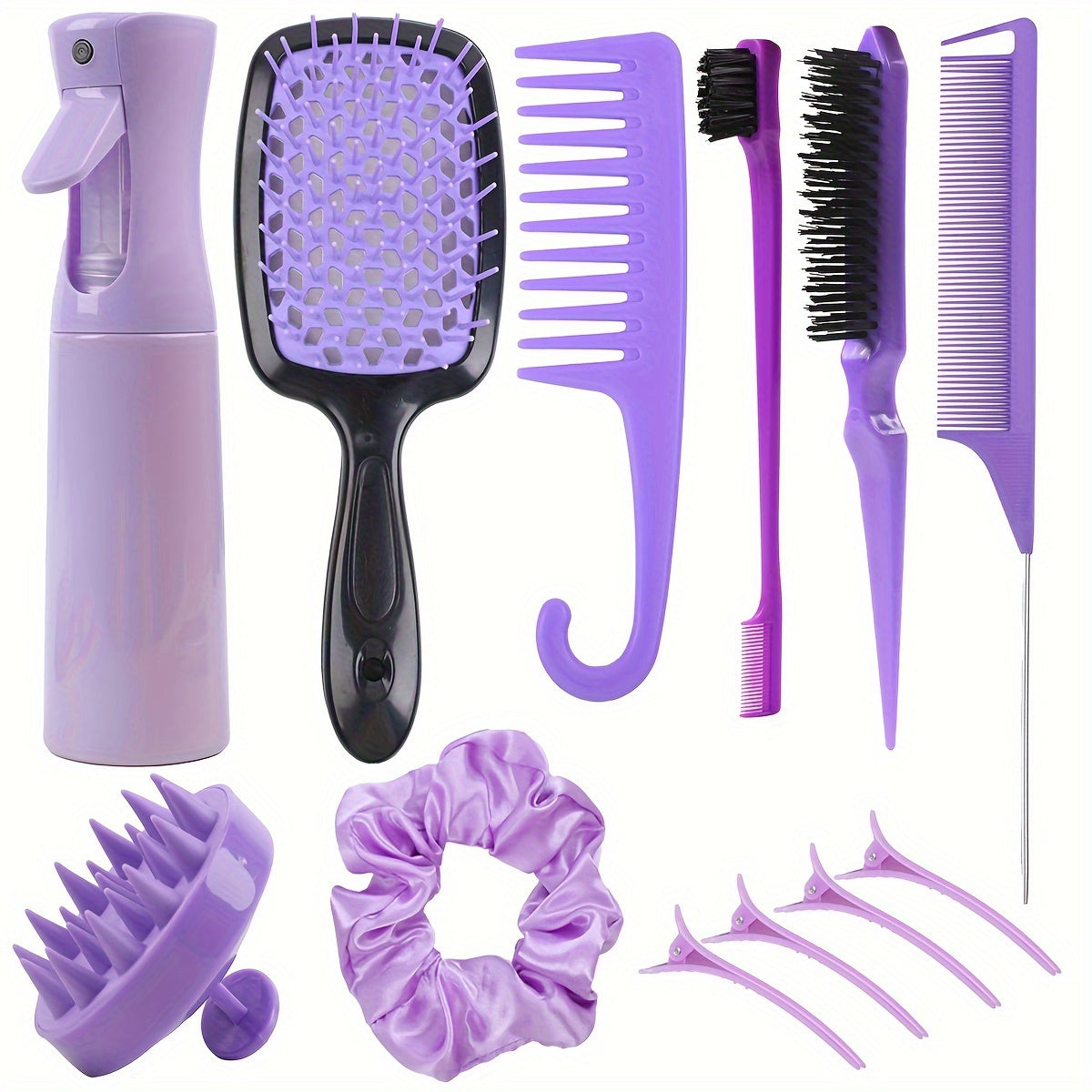12-Piece Hair Styling Tool Set | Unisex Adult | Curl Enhancing, Normal Hair | Unscented - Includes Detangler Brush, Spray Bottle, Scalp Massager, Wide Tooth Comb, Bristle Brush & Accessories for Wet/Dry Hair