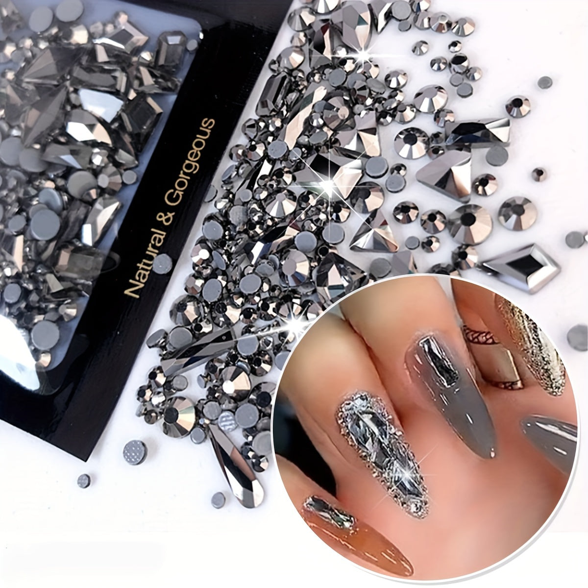 150pcs Flatback Round Rhinestone Plus 20pcs Flatback Odd Shaped Large Cubic Zirconia Black Blue Moon Nail Rhinestones