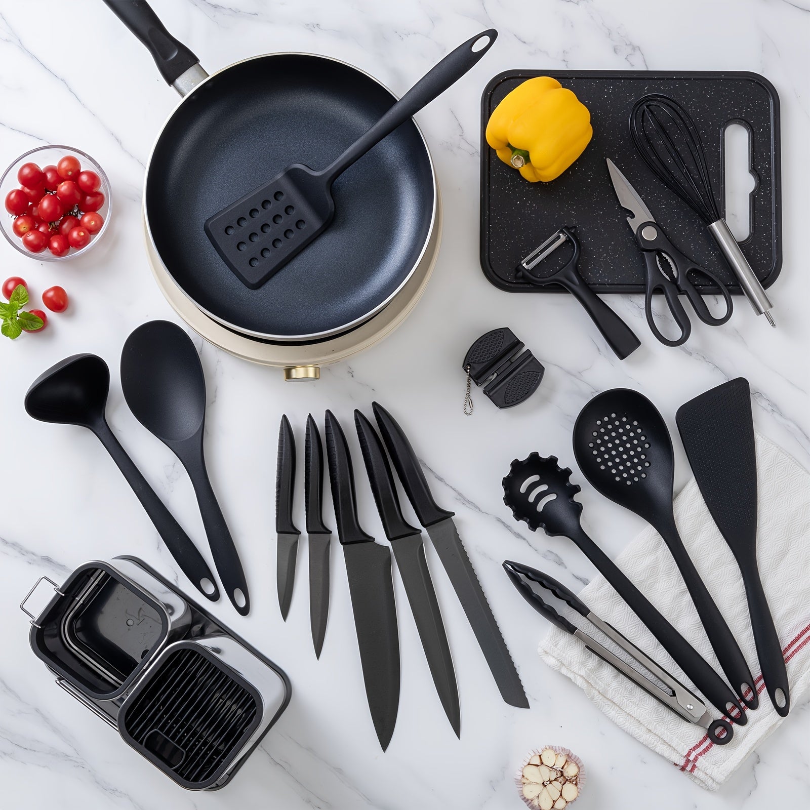19-Piece Premium Knife Combination Set - High-Quality Silicone Cooking Utensils, Stainless Steel Storage Bucket, Durable Black Titanium Knives, Paring Knife, Dishwasher Safe, Easy Storage, Space-Saving Design