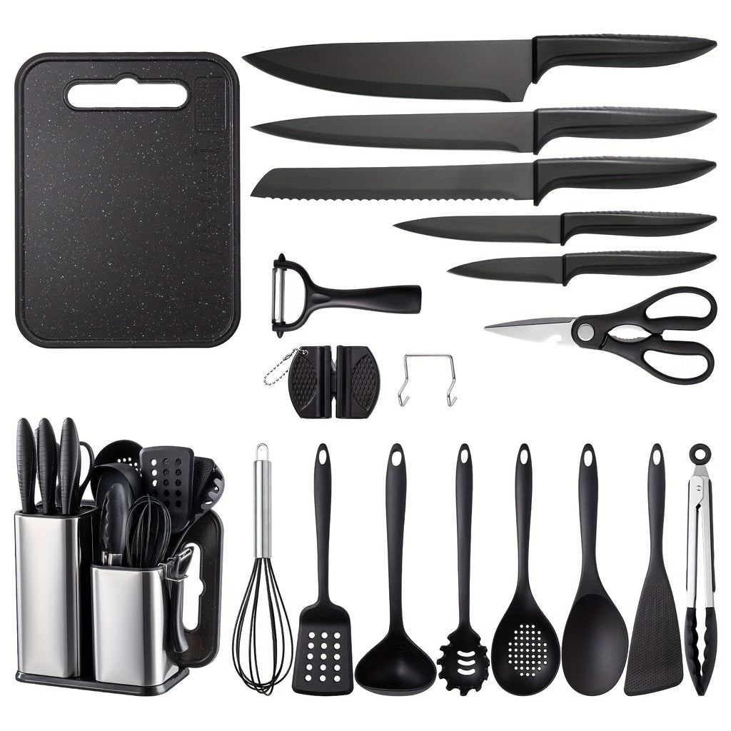 19-Piece Premium Knife Combination Set - High-Quality Silicone Cooking Utensils, Stainless Steel Storage Bucket, Durable Black Titanium Knives, Paring Knife, Dishwasher Safe, Easy Storage, Space-Saving Design