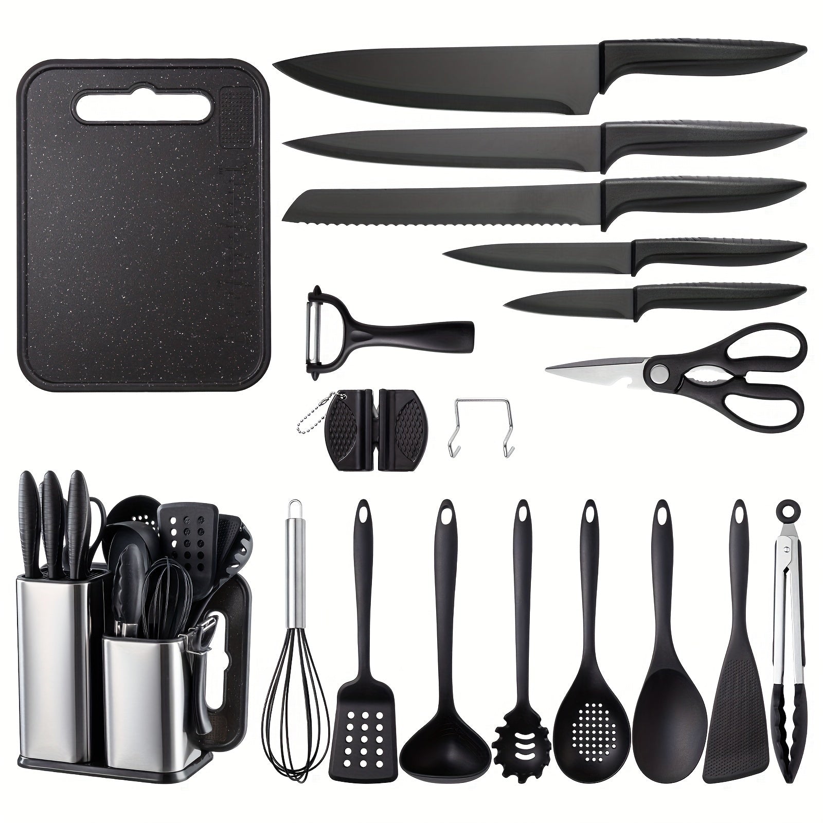 19-Piece Premium Knife Combination Set - High-Quality Silicone Cooking Utensils, Stainless Steel Storage Bucket, Durable Black Titanium Knives, Paring Knife, Dishwasher Safe, Easy Storage, Space-Saving Design