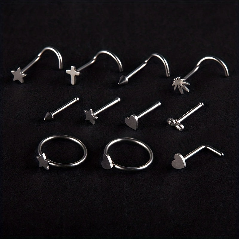 11PCS 316L Stainless Steel Nose Ring Set: Simple Style Nose Nail Body Piercing Jewelry with Star, Love Heart, and More Shapes