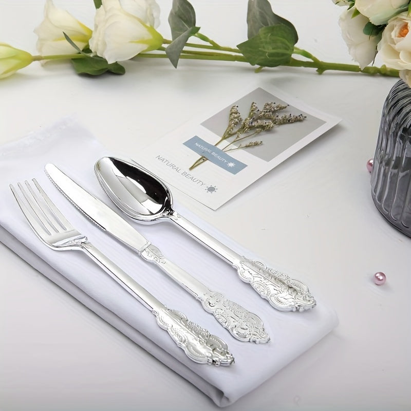 120 Forks, 120 Spoons, 120 Knives - 360 Pieces Heavyweight Silver Plastic Disposable Flatware Silverware