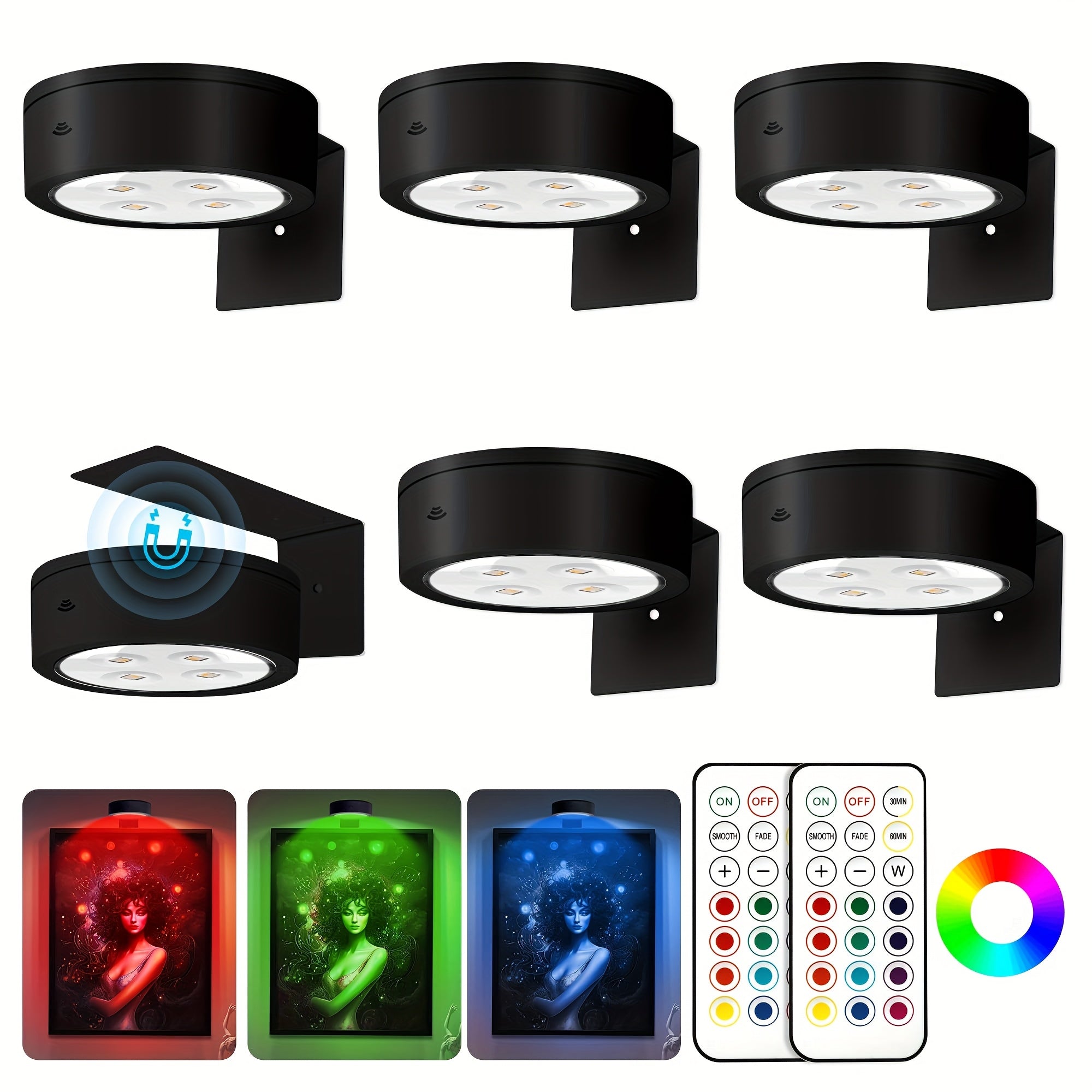 12/6/3pcs Picture Lights For Wall, 13 RGB Color Magnetic Led Art Display Light For Picture Frame, Wireless Battery Operated Painting Light With Remote Control, Party Home Wall Decor Puck Lights, Black-RGB