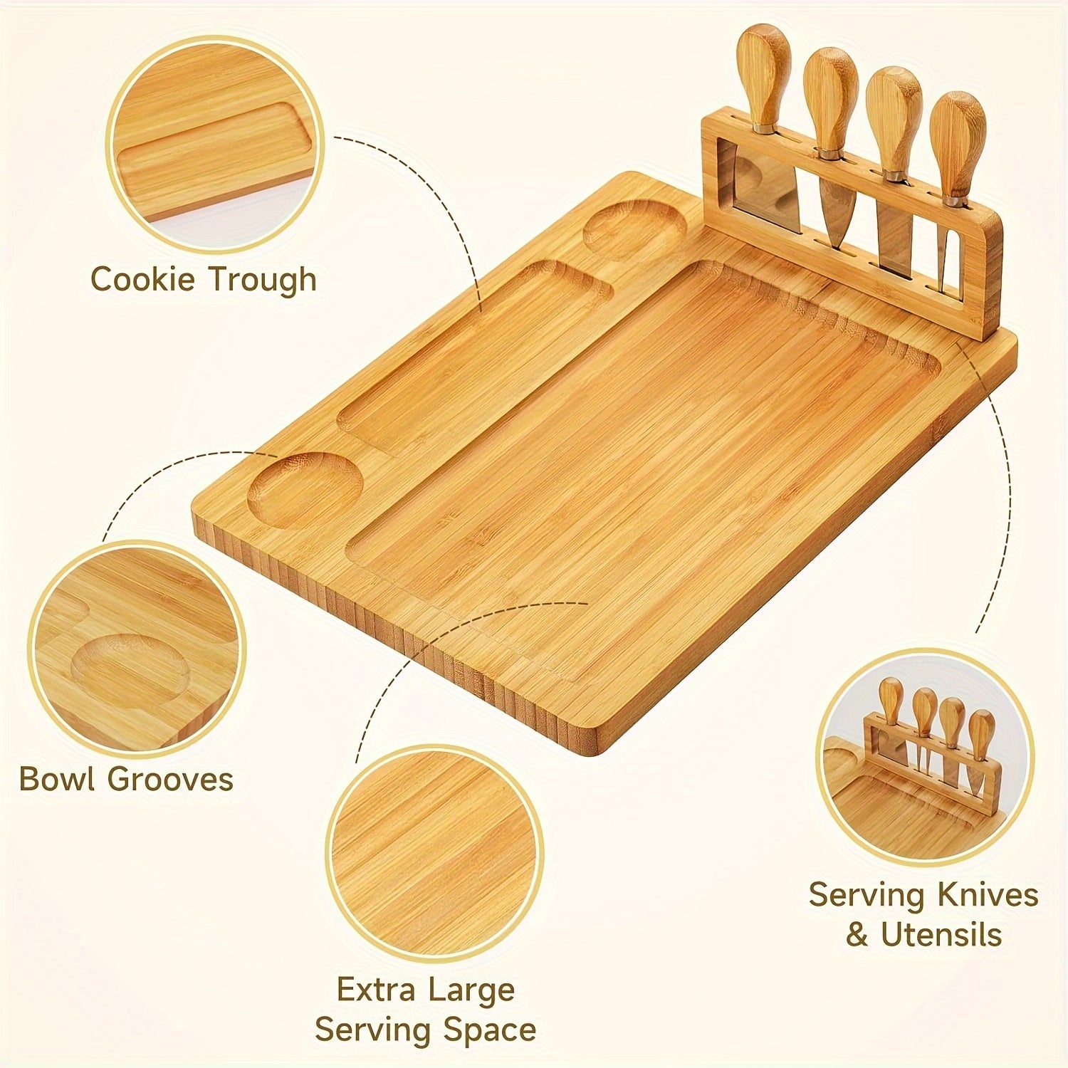 1 Set Cheese Board Set - Meat Cheese Tray, Deli Board Set With 4 Stainless Steel Cheese Knives, Perfect For Parties, Wedding Cheese Spatula, Bamboo Cheese Board And Knife Set, Cheese Plate, Serving Tray, Kitchen Supplies